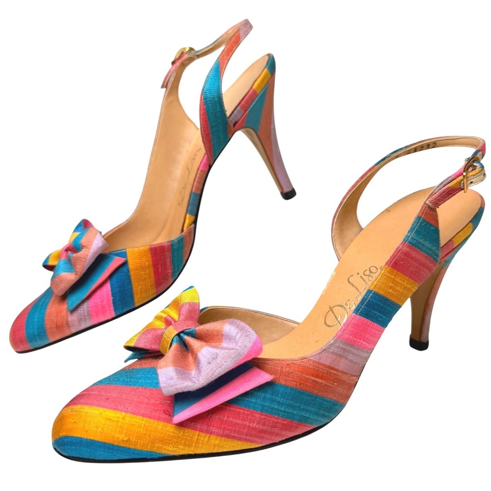 Vintage De Liso Silk Multicolor Stripe Bow Slingback Heels Womens 7